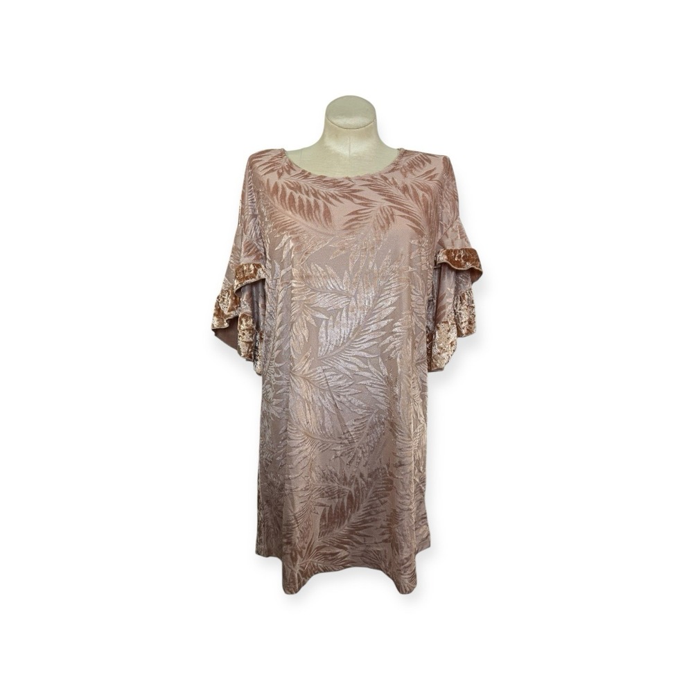 Women's L Umgee Golden Beige Velvet Leaf Design Dress Boho
